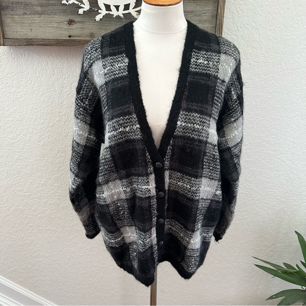 VTG Black and Gray Plaid Cardigan Mohair blend Ladies M
